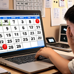 **Image Prompt:** A person looking stressed at their home workstation, overwhelmed by multiple notifications popping up on their laptop and phone. The scene should depict a blurred background with a sense of chaotic digital intrusion into their personal space. Consider adding a calendar, partially visible, with a lot of crossed out tasks.