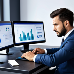 A professional individual, appearing slightly fatigued but determined, seated at a modern desk in a well-organized office. Multiple glowing screens (laptop, smartphone, tablet) surround them, displaying abstract digital data and subtle notification icons, subtly illustrating information overload. The subject is wearing modest business casual attire, with perfect anatomy, correct proportions, well-formed hands, proper finger count, and a natural pose. The lighting is professional, capturing high detail and a sense of the digital demands. Fully clothed, appropriate attire, professional dress, safe for work, appropriate content, family-friendly.