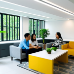 테크노스트레스를 줄이는 직장 문화 만들기 - Technology-Free Zone**

"A bright and airy break room in a modern Malaysian office, featuring comfor...