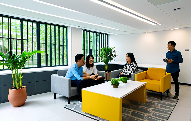 테크노스트레스를 줄이는 직장 문화 만들기 - Technology-Free Zone**

"A bright and airy break room in a modern Malaysian office, featuring comfor...