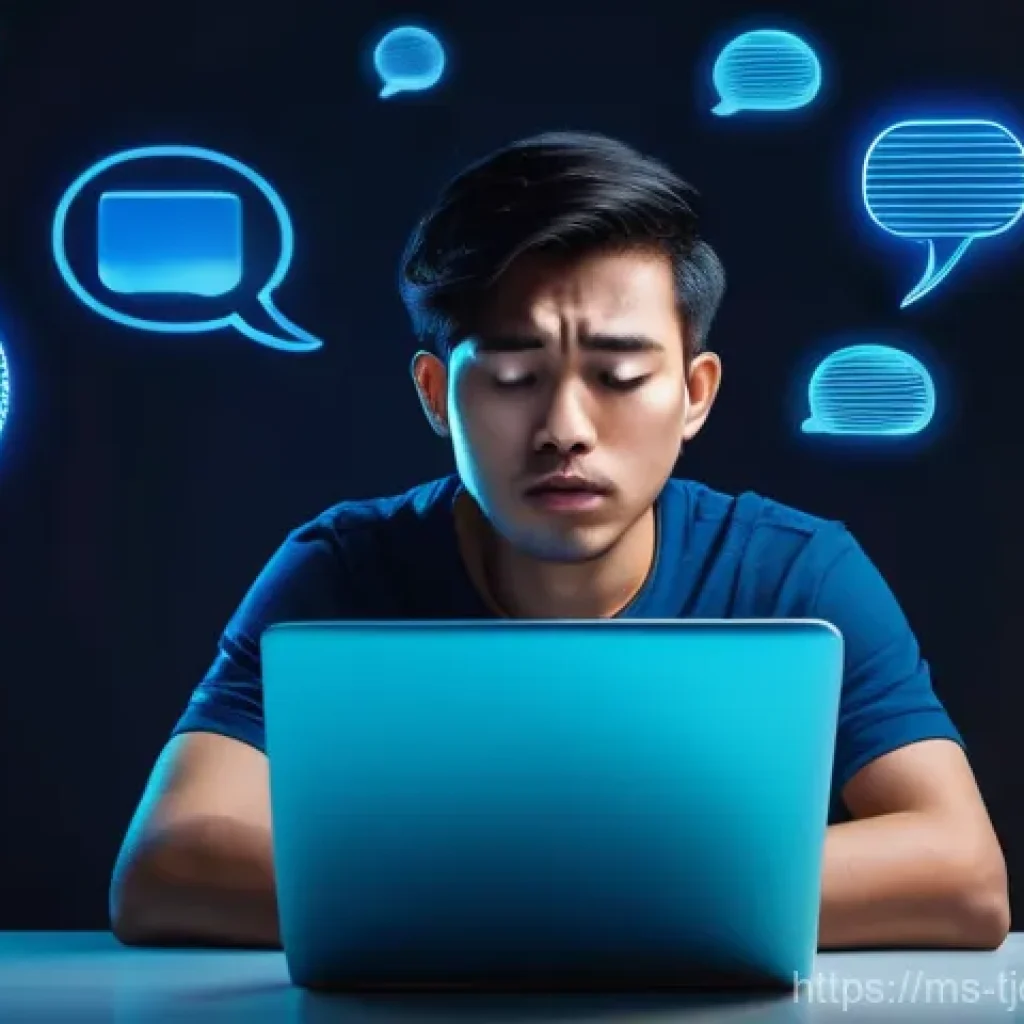 테크노스트레스에 관한 FAQ - A young Malaysian adult, looking overwhelmed and stressed, sitting at a desk surrounded by multiple ...