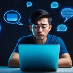 테크노스트레스에 관한 FAQ - A young Malaysian adult, looking overwhelmed and stressed, sitting at a desk surrounded by multiple ...