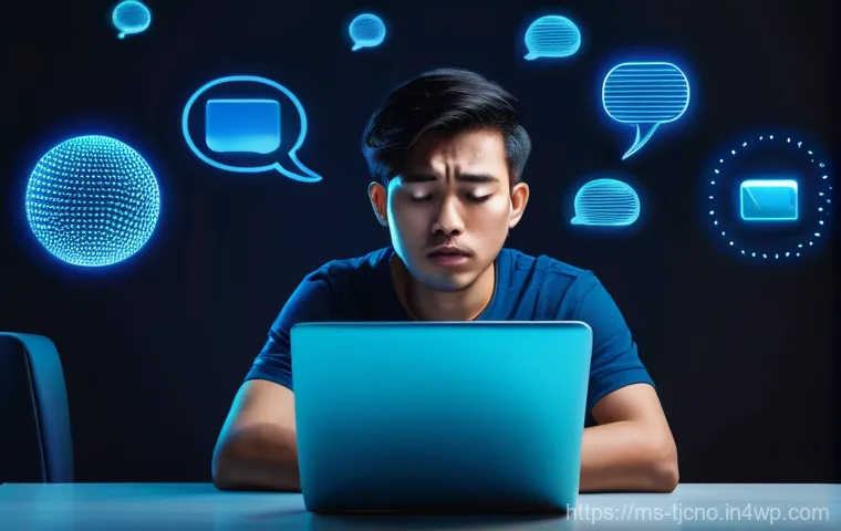 테크노스트레스에 관한 FAQ - A young Malaysian adult, looking overwhelmed and stressed, sitting at a desk surrounded by multiple ...