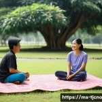 테크노스트레스 극복을 위한 집단 활동 - **Prompt:** A tranquil and sunny afternoon in a vibrant Malaysian community park. A diverse group of...