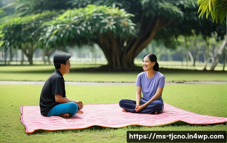 테크노스트레스 극복을 위한 집단 활동 - **Prompt:** A tranquil and sunny afternoon in a vibrant Malaysian community park. A diverse group of...