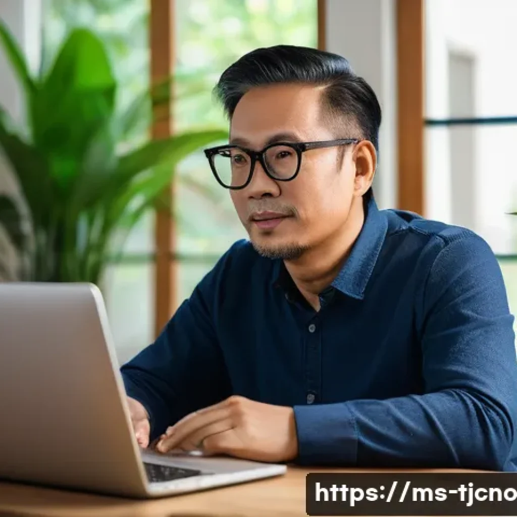 디지털 기기의 부정적 영향 줄이기 - A middle-aged Malaysian man sitting at a wooden desk in a cozy home office with warm, balanced light...