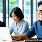 Home 20 테크노스트레스 관리에 효과적인 리더십 - A diverse Malaysian office team in modern business casual attire, gathered in a bright, open workspa...