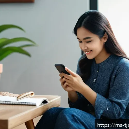 Home 17 테크노스트레스 관리의 개인적 책임 - A young Malay woman sitting comfortably in a cozy modern living room, wearing casual modest clothing...