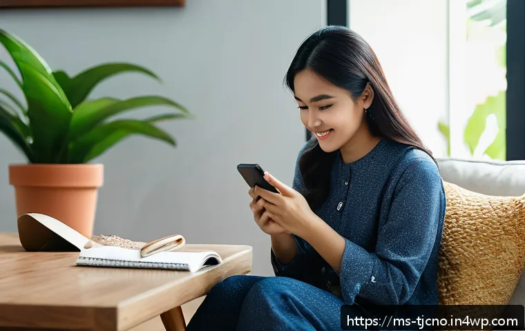테크노스트레스 관리의 개인적 책임 - A young Malay woman sitting comfortably in a cozy modern living room, wearing casual modest clothing...